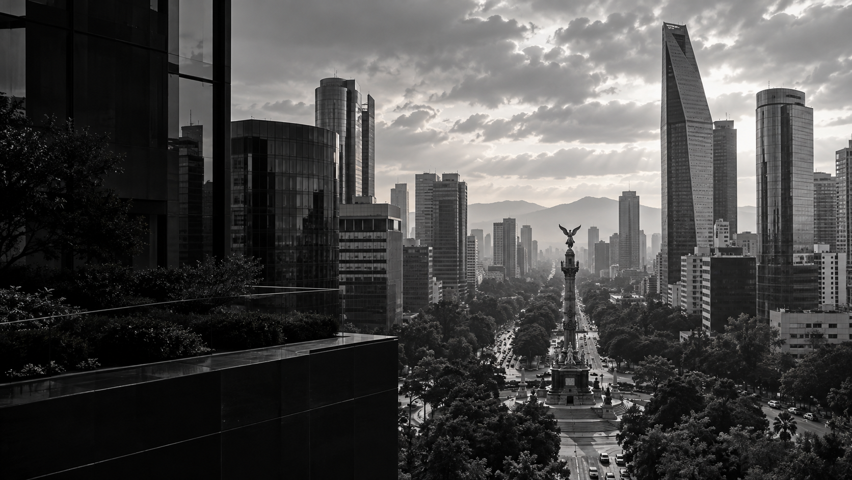 Panorama en blanco y negro inspirado en Paseo de la Reforma y el Ángel de la Independencia en Ciudad de México